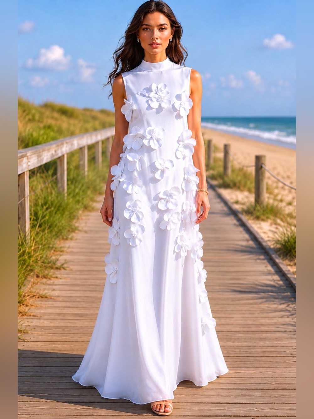 NWT Boutique White 3D Floral Appliqués Dress Size 16